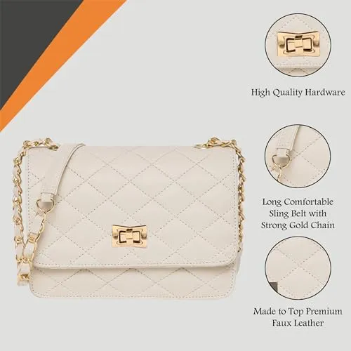 ADISA Women's Girls Quilted Cross Body Sling Bag (SL5059-Off White)