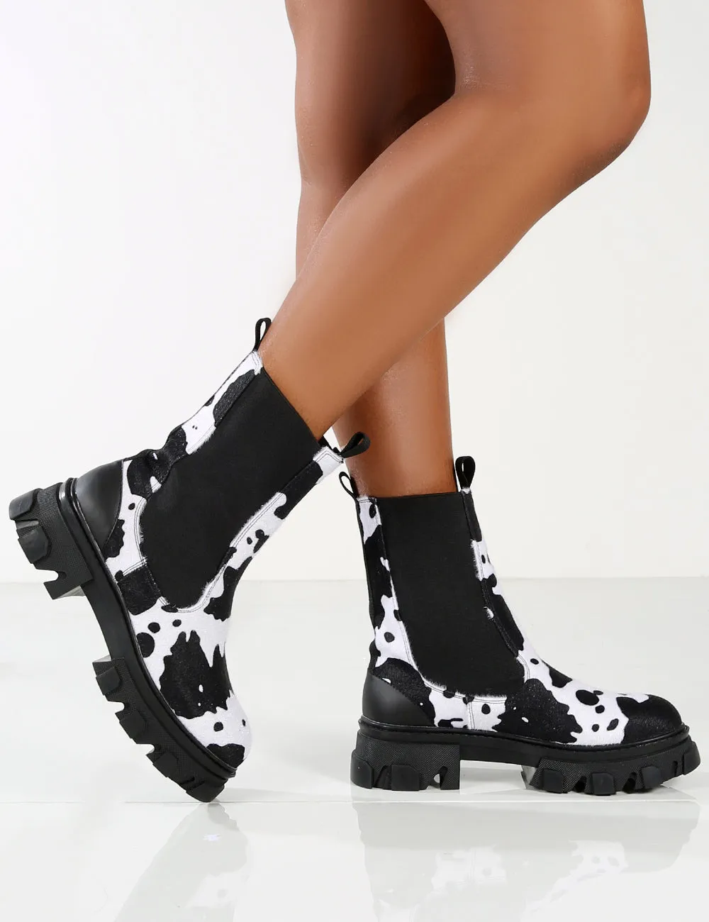 Amber x Public Desire Wonder Cow Print Chunky Sole Ankle Boot