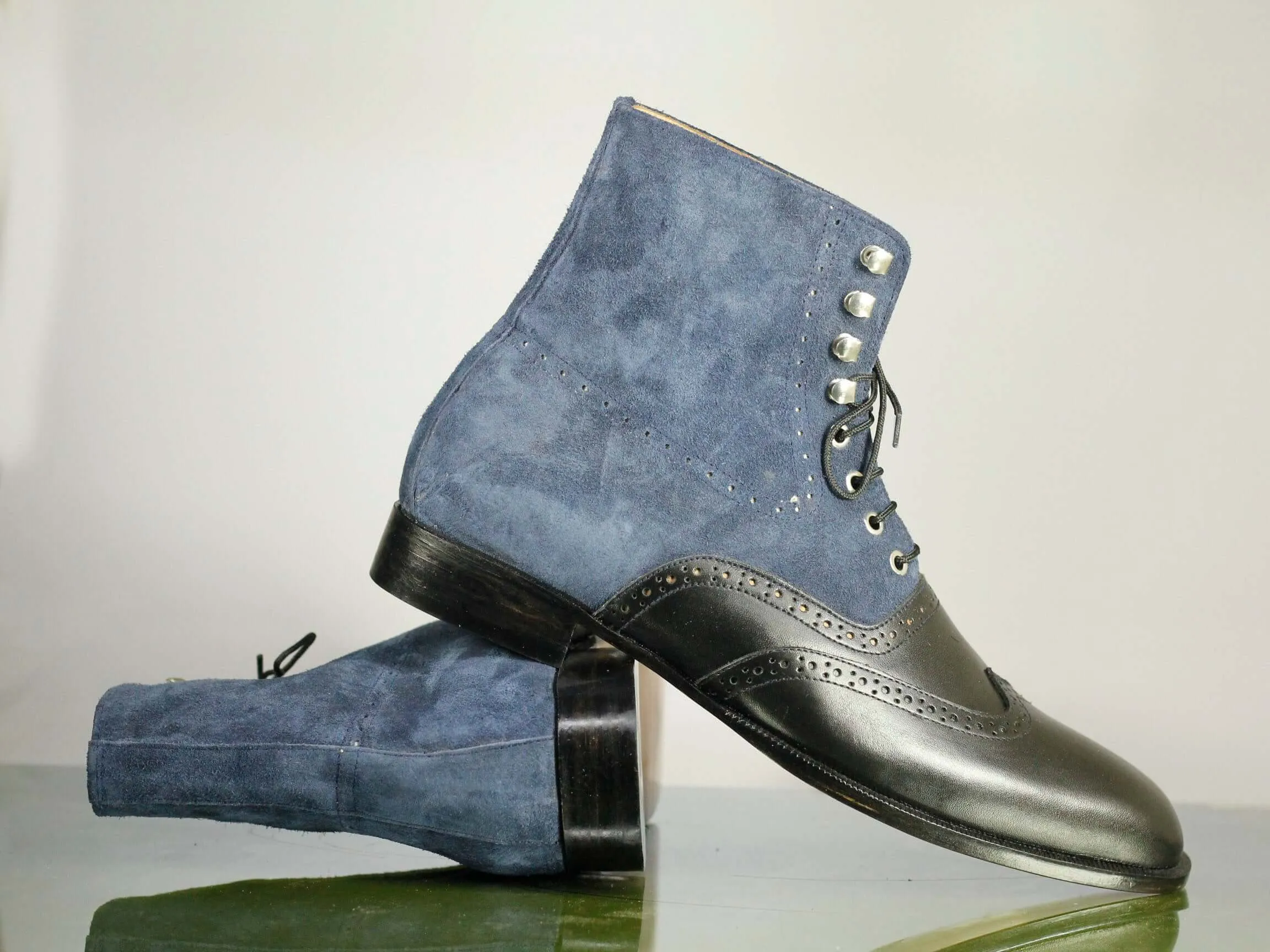 Ankle High Black & Blue Wing Tip Leather Suede Boots