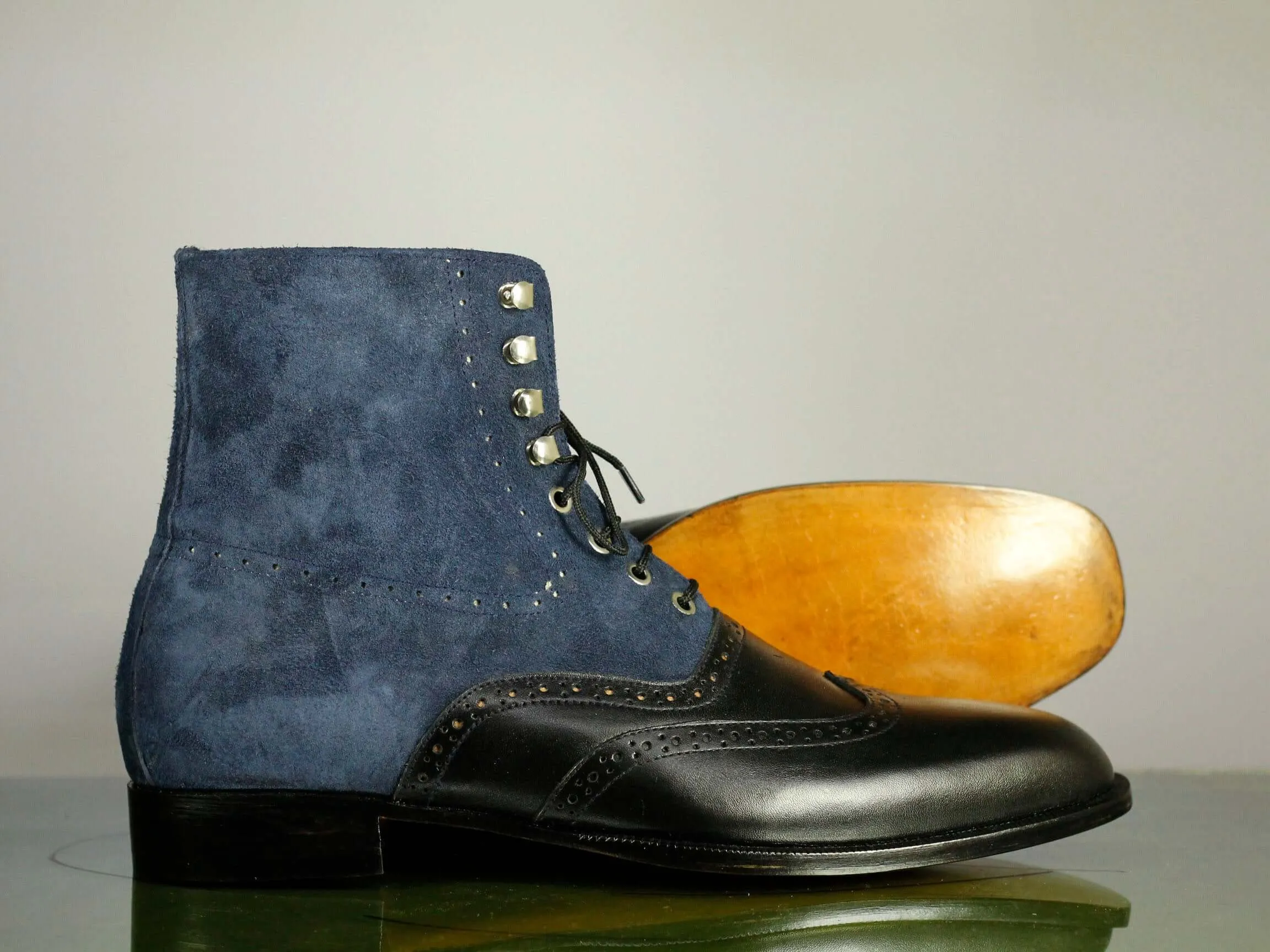 Ankle High Black & Blue Wing Tip Leather Suede Boots