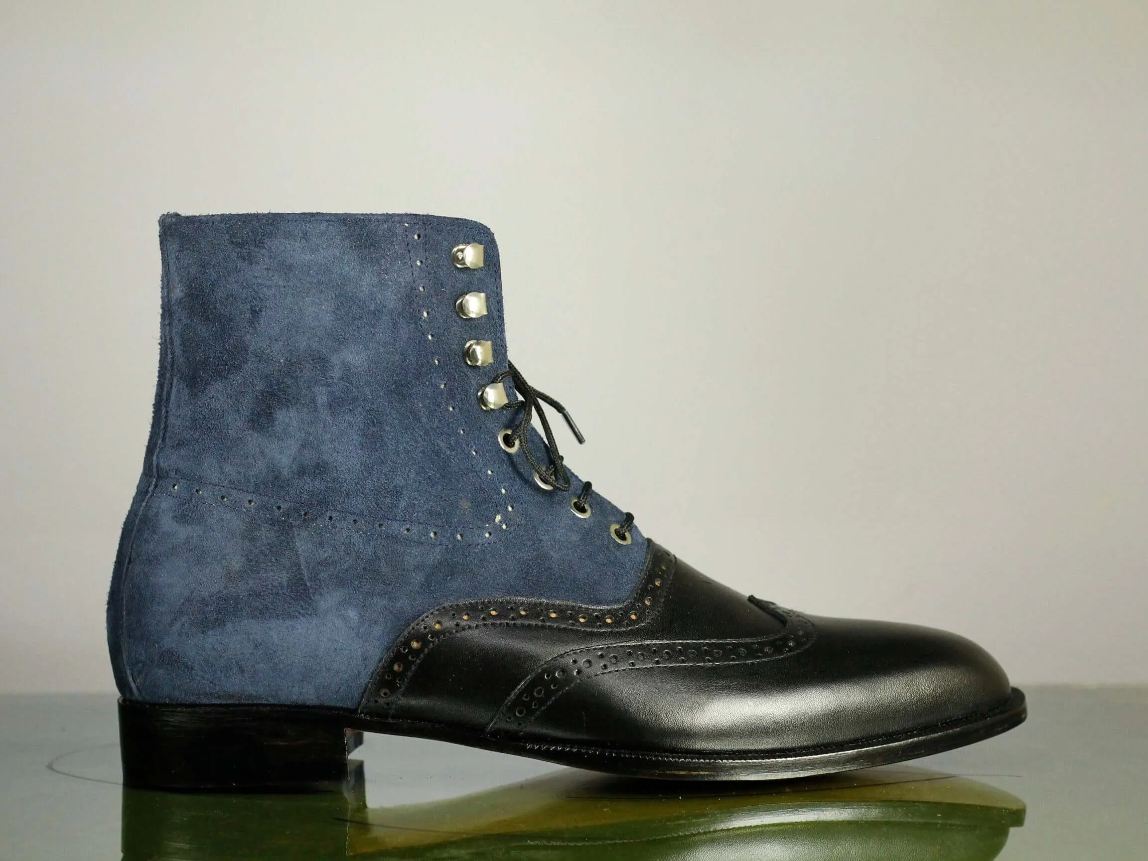 Ankle High Black & Blue Wing Tip Leather Suede Boots