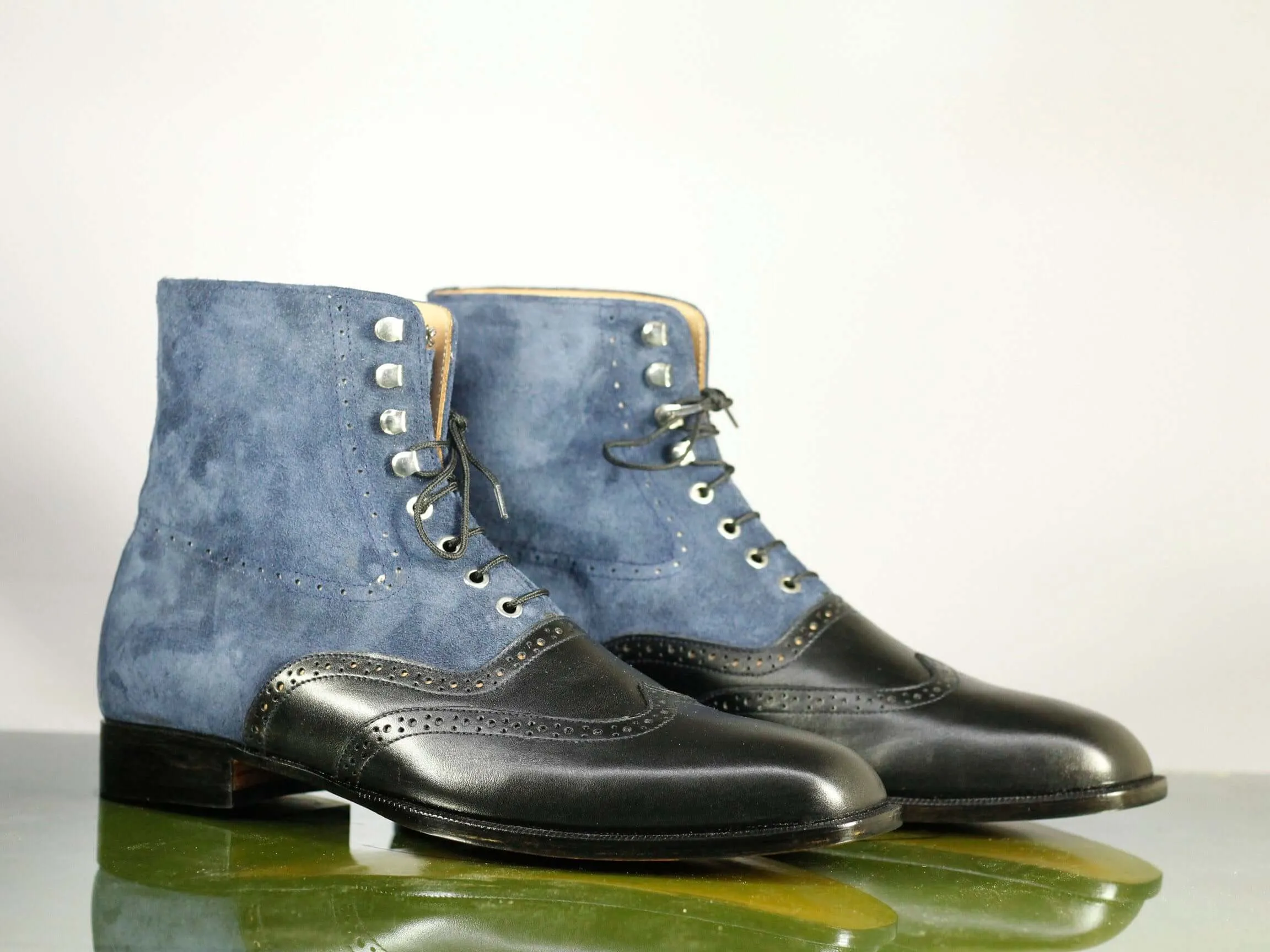 Ankle High Black & Blue Wing Tip Leather Suede Boots