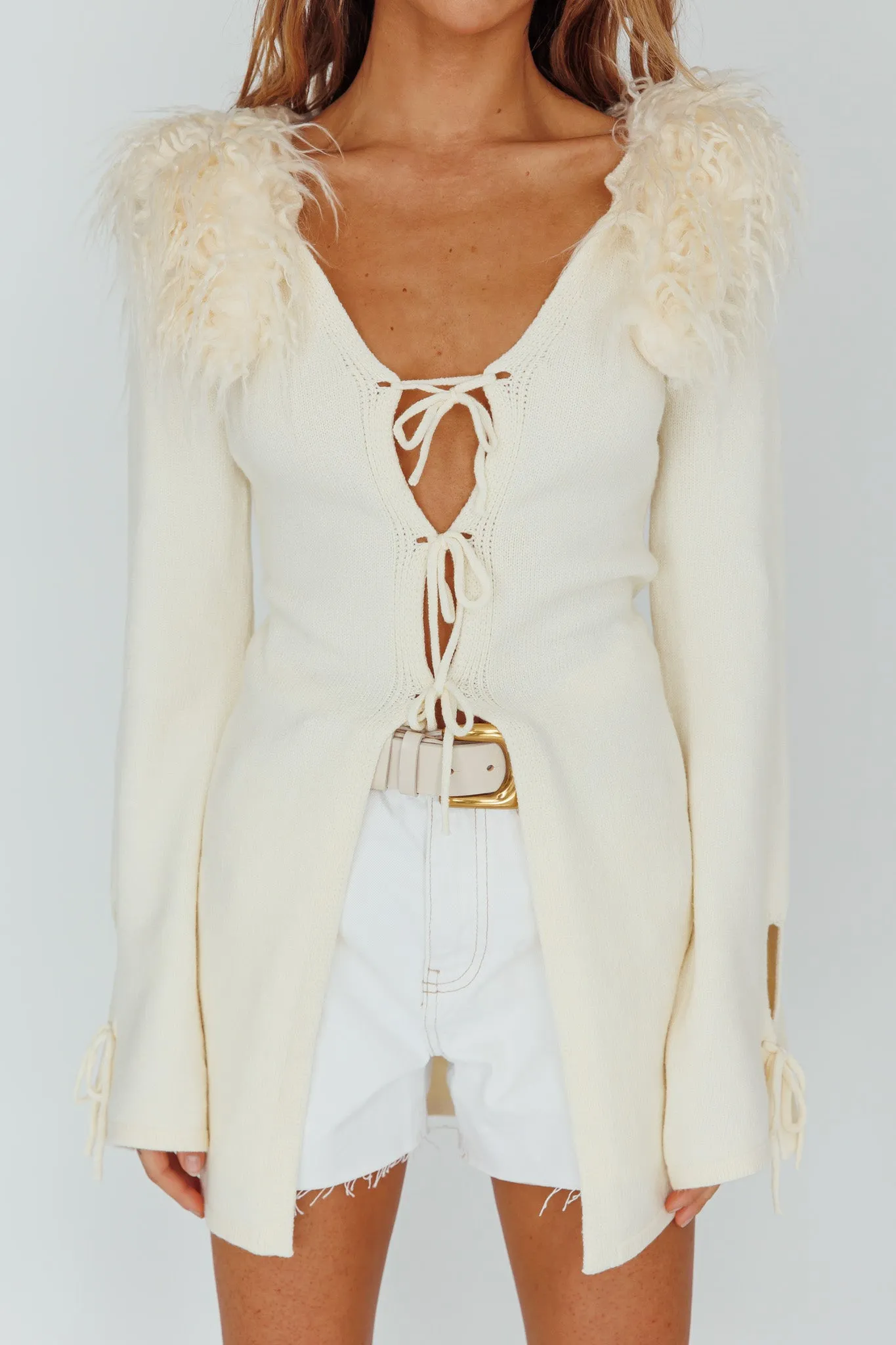 Argo Tied Front Fur Longline Top Cream