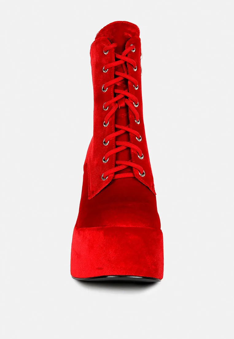 ASHCAN Red High Platform Velvet Ankle Boots