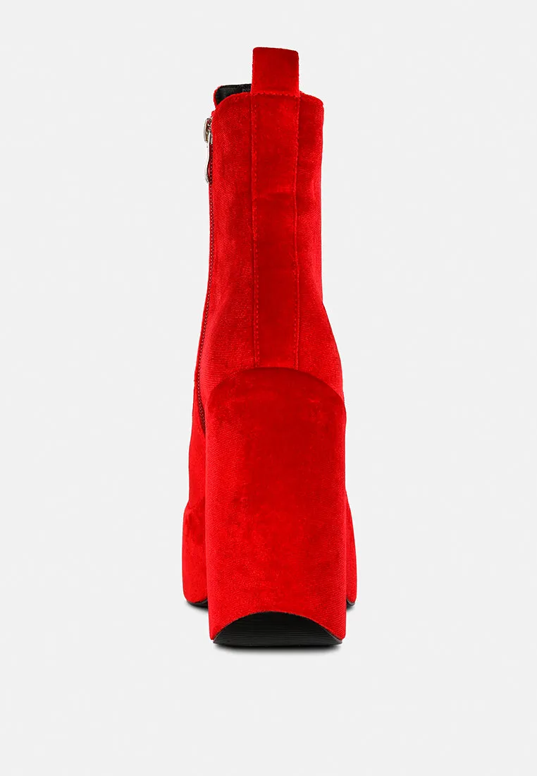 ASHCAN Red High Platform Velvet Ankle Boots