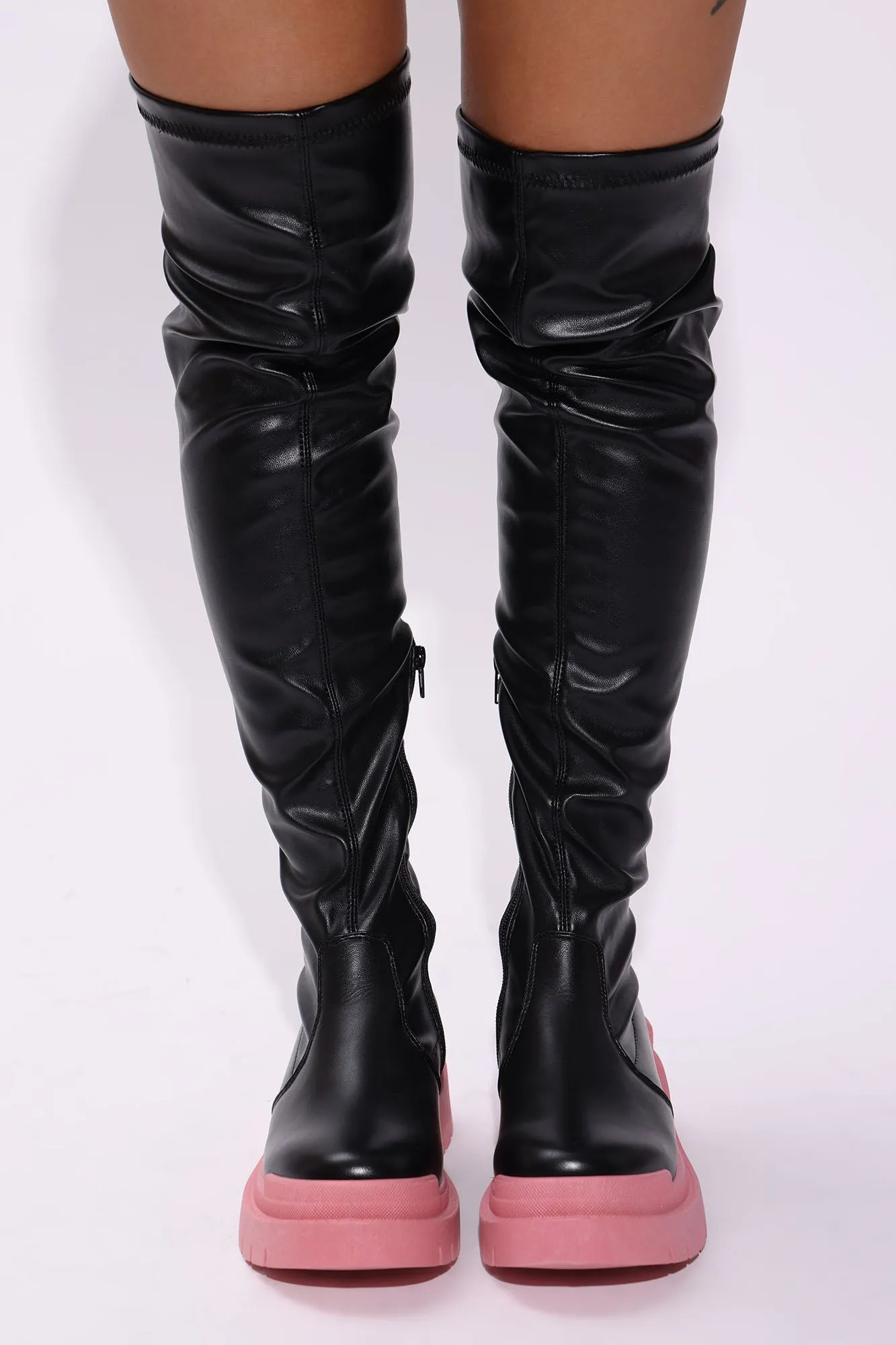 Attitude Check Over The Knee Boots - Black/Pink