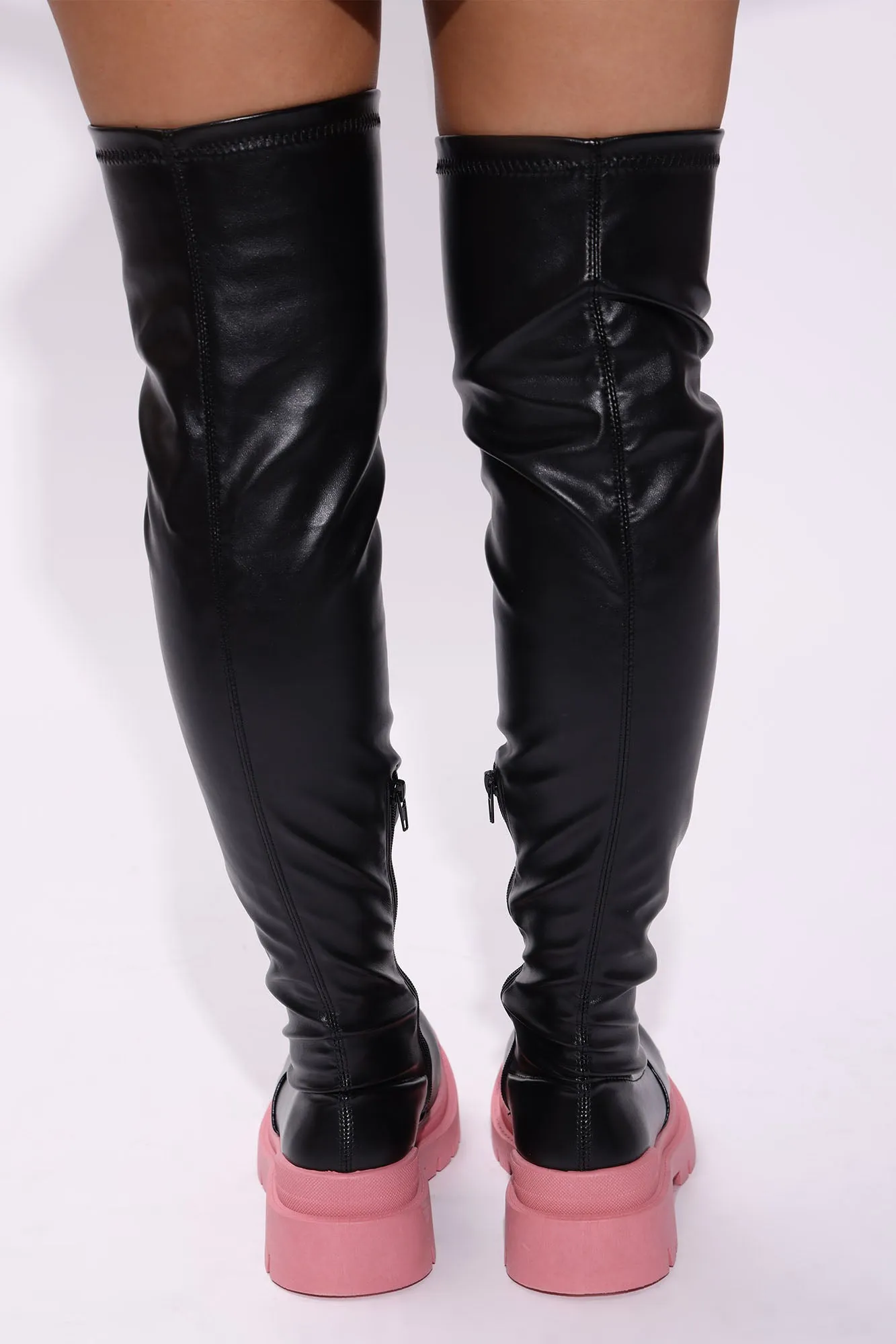 Attitude Check Over The Knee Boots - Black/Pink