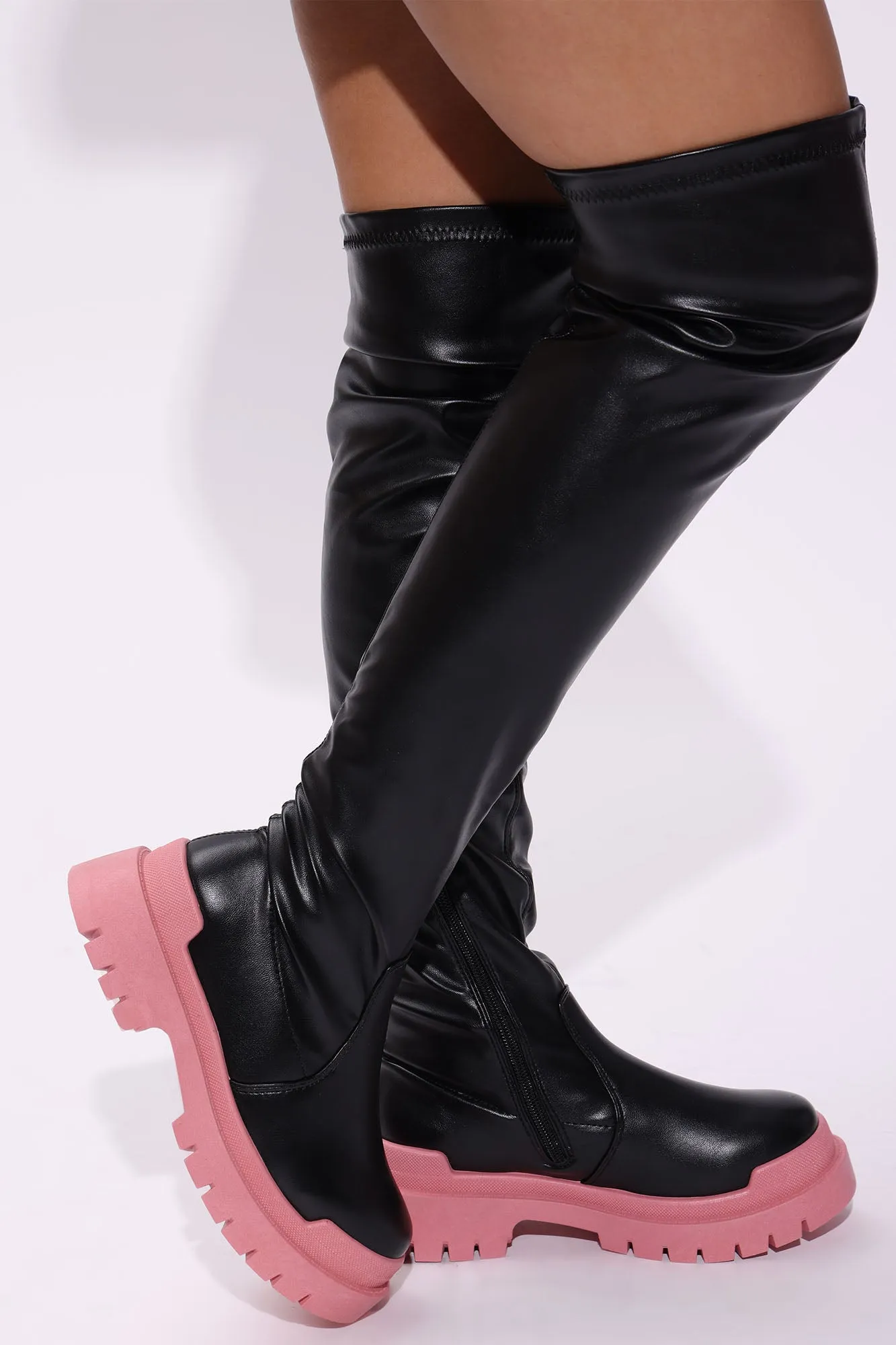 Attitude Check Over The Knee Boots - Black/Pink