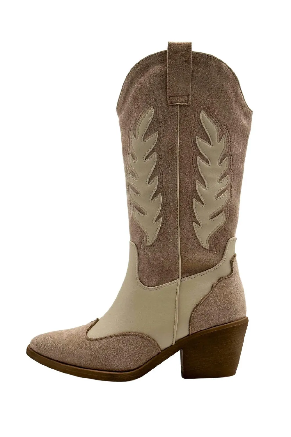 BEIGE CUT OUT DETAIL KNEE HIGH WESTERN COWBOY BOOTS