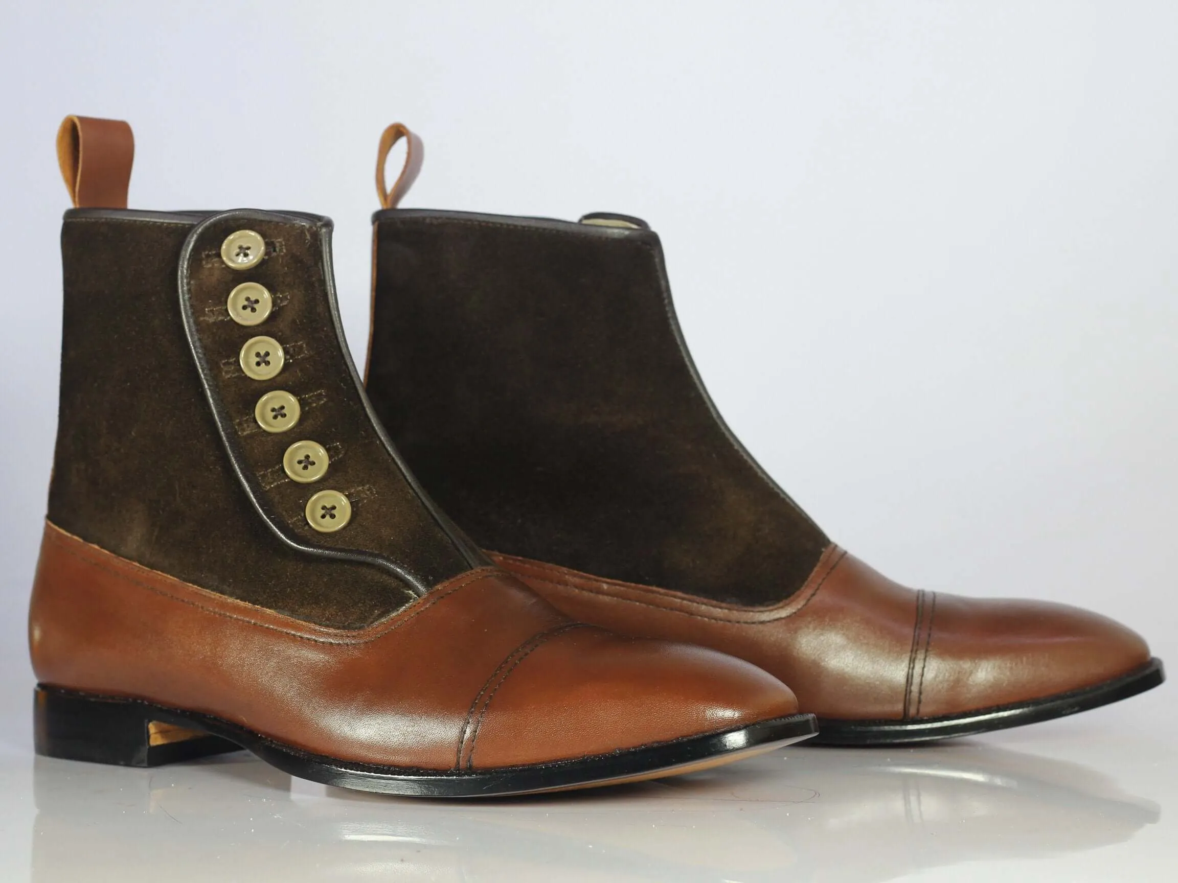 Bespoke Brown Leather Suede Button Top Ankle Cap Toe Boot