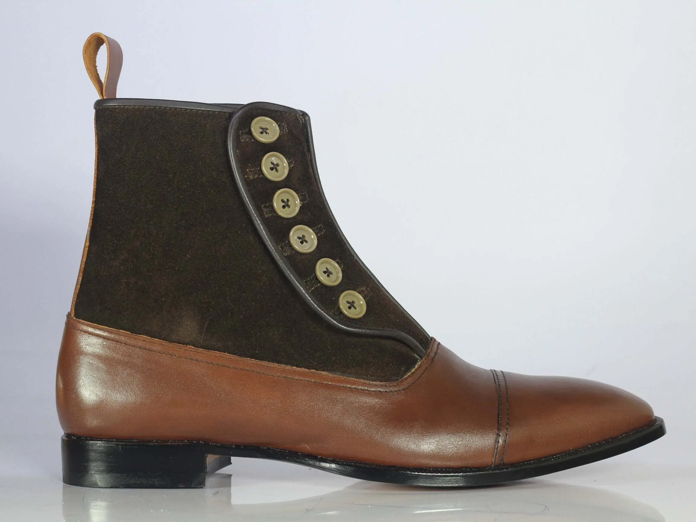 Bespoke Brown Leather Suede Button Top Ankle Cap Toe Boot