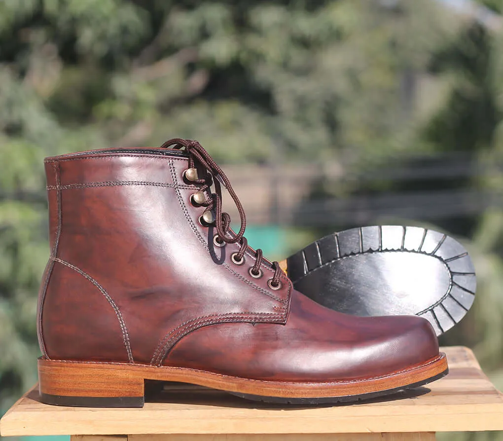 Bespoke Burgundy Leather High Ankle Lace Up Boots