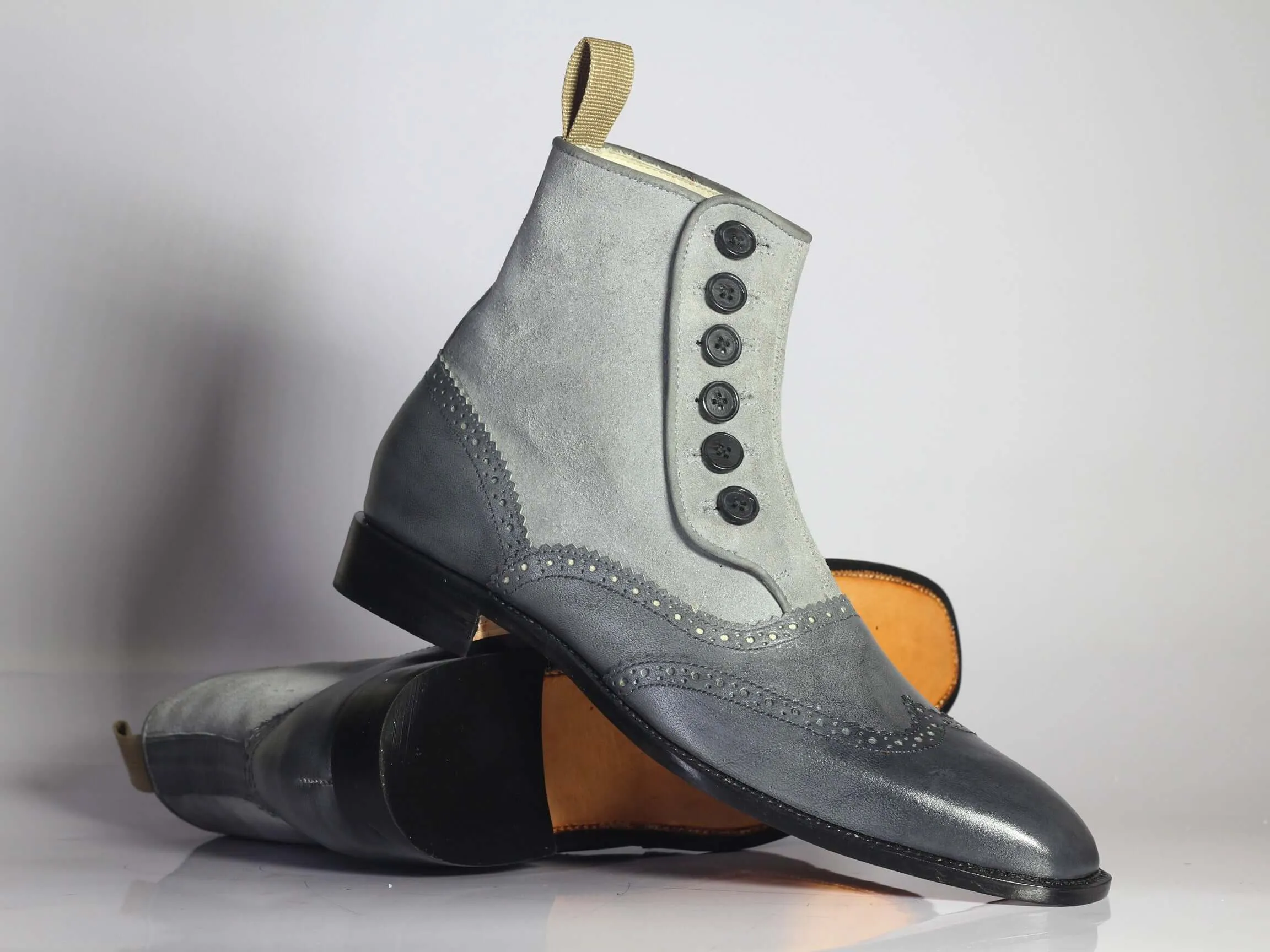 Bespoke Gary Leather Suede Wing Tip Button Top Boots