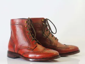 Bespoke Tan Brown Leather Ankle High Wing Tip Lace Up Boot