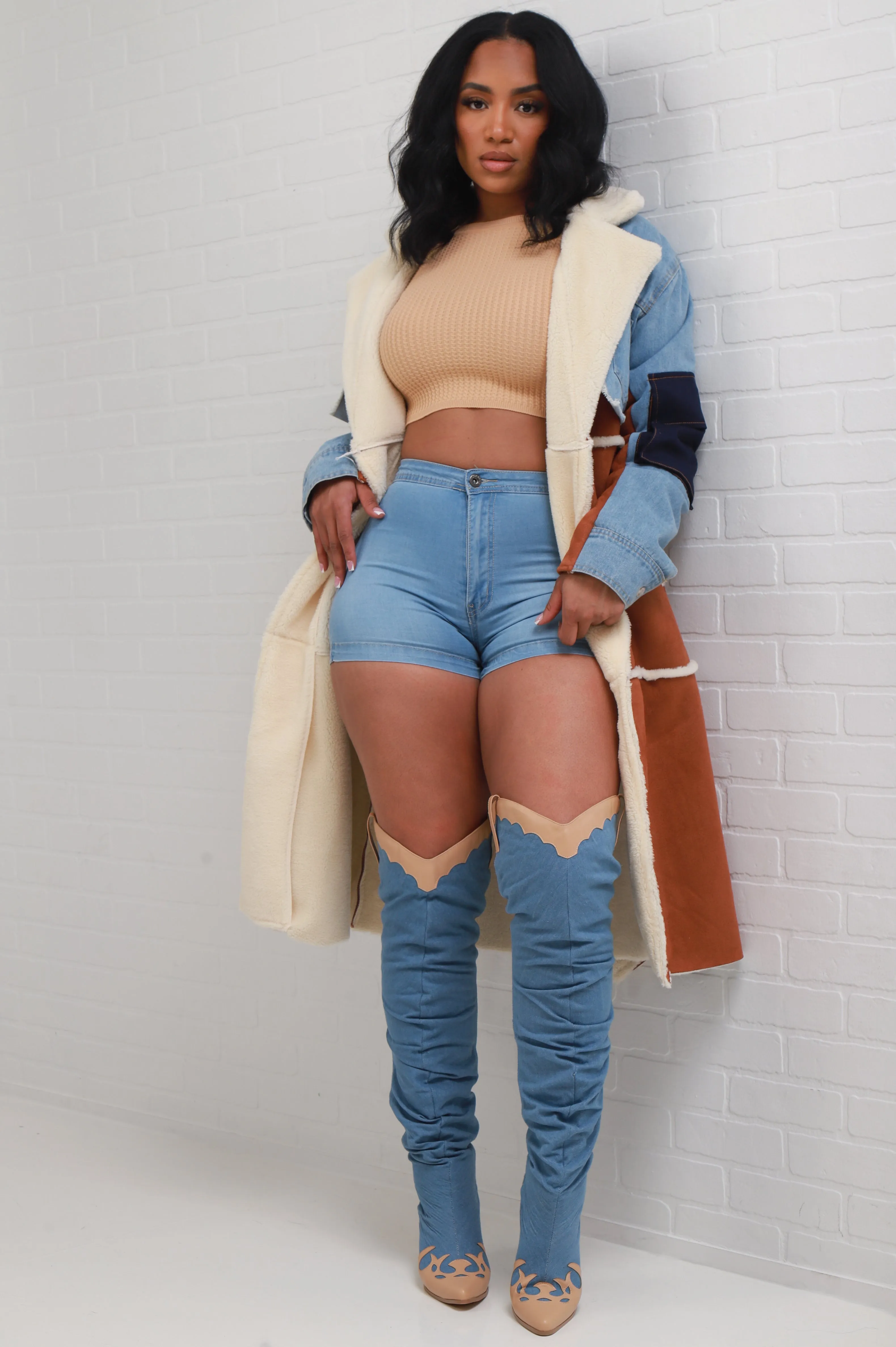 Bow Down Thigh High Denim Boots - Blue