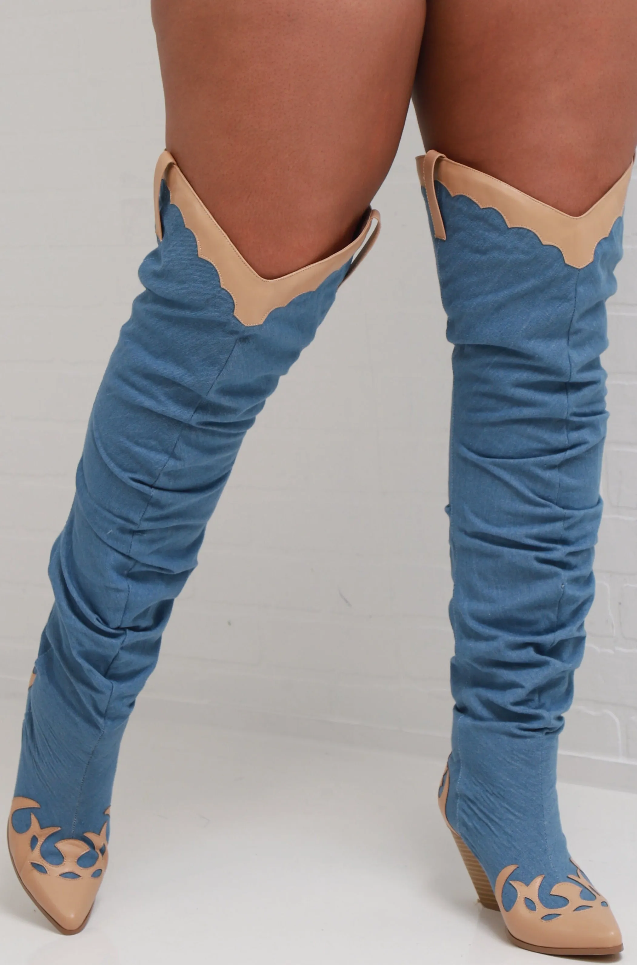 Bow Down Thigh High Denim Boots - Blue