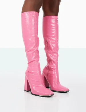 Caryn Pink Croc PU Knee High Block Heeled Boots