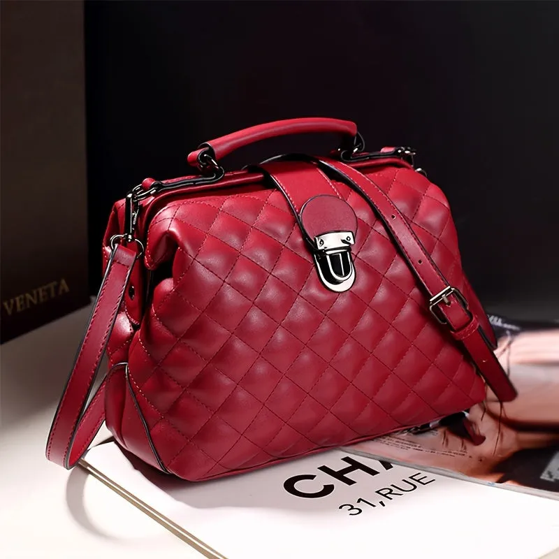 Chic Women's Fashion Handbag - Simple Autumn & Winter Diamond Quilted Crossbody Bag with Detachable Strap, Kiss Lock Closure, Polyester Lining, PU Material in Black, Blue, White, Burgundy; Care Instructions: See Label