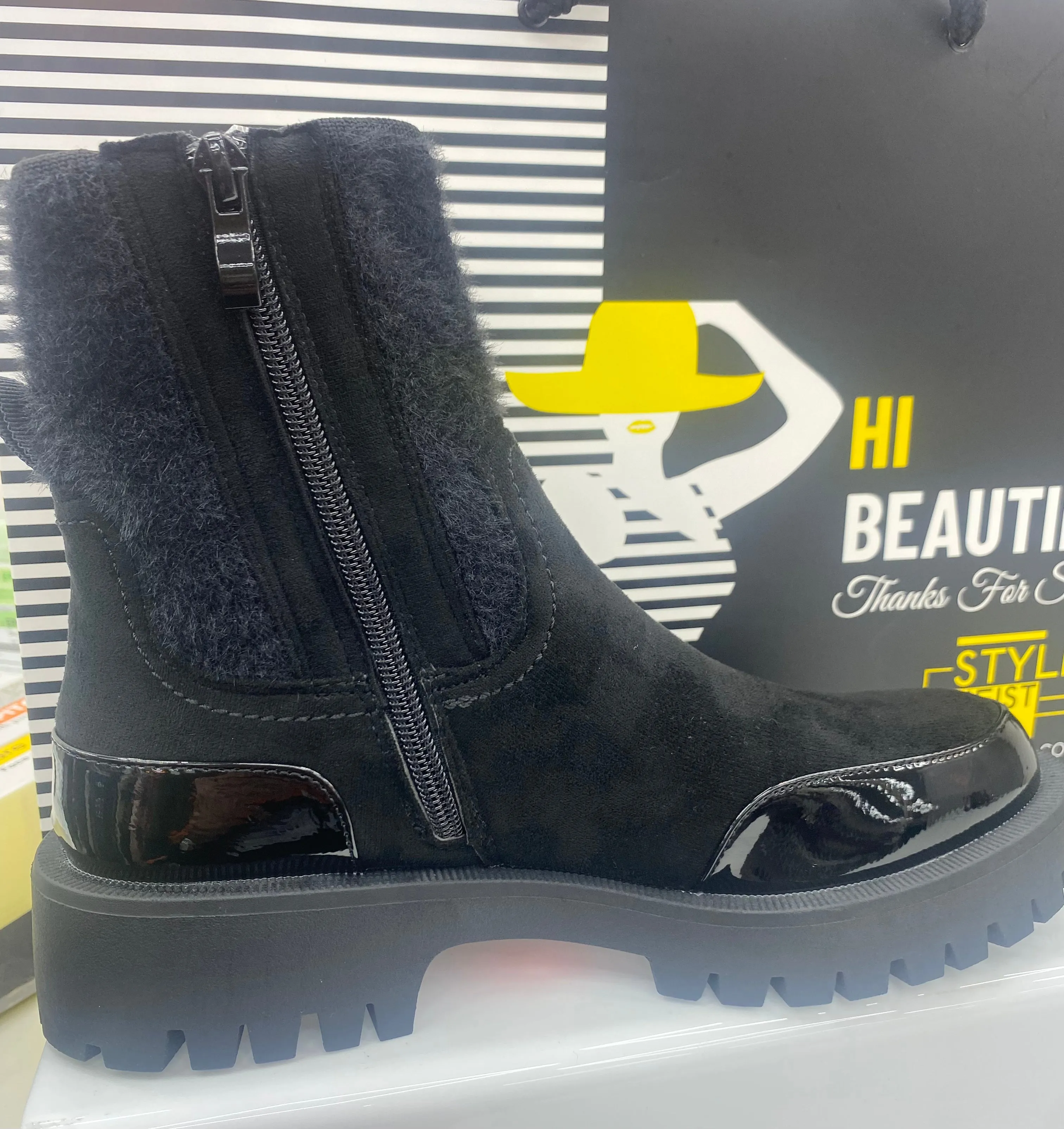 Clarson Black Suede & Patent Leather Chunky Ankle Zip Boots