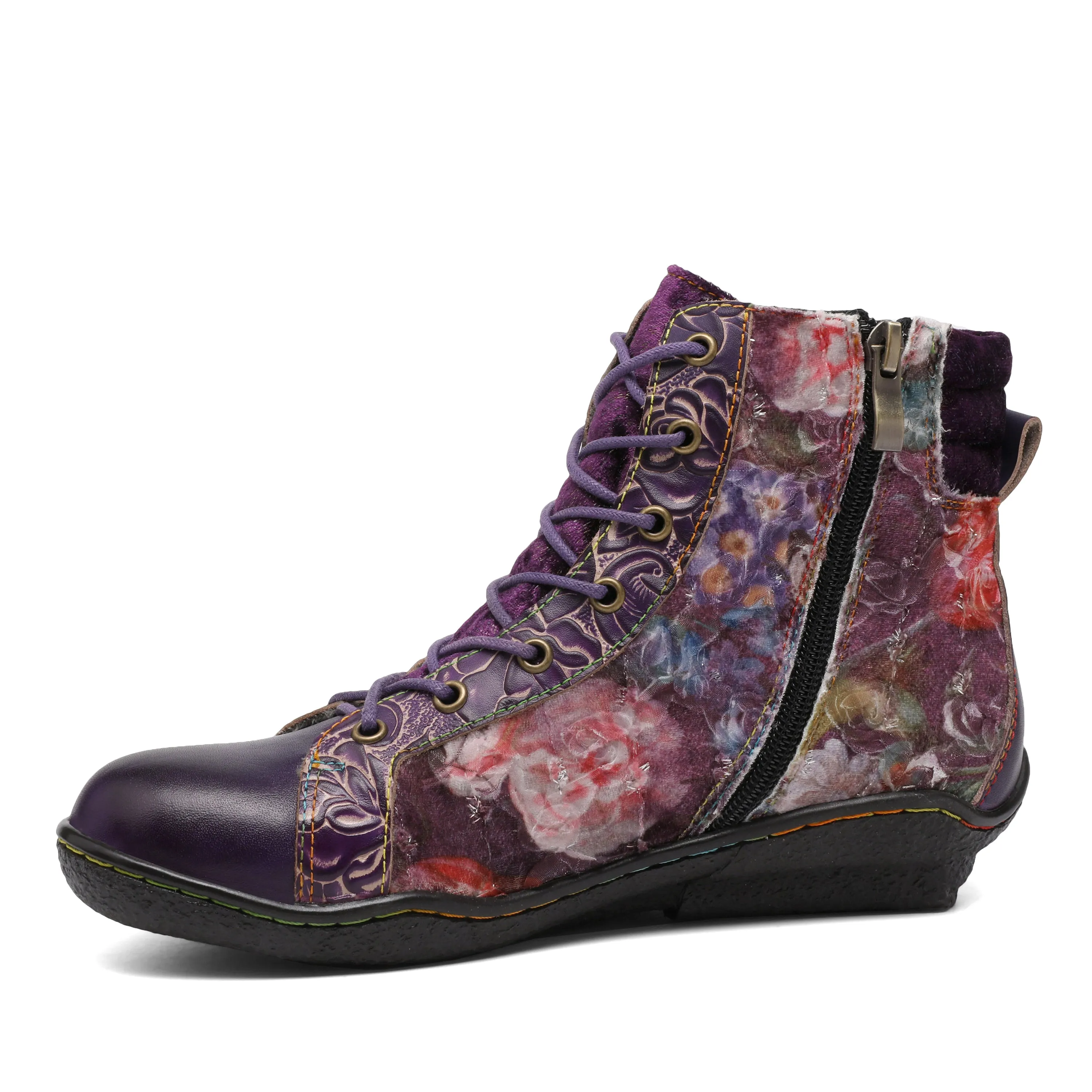 CrazycatZ Womens  Boots Sport Leather Western Boots Colorful Leather Boots Red Wine Floral