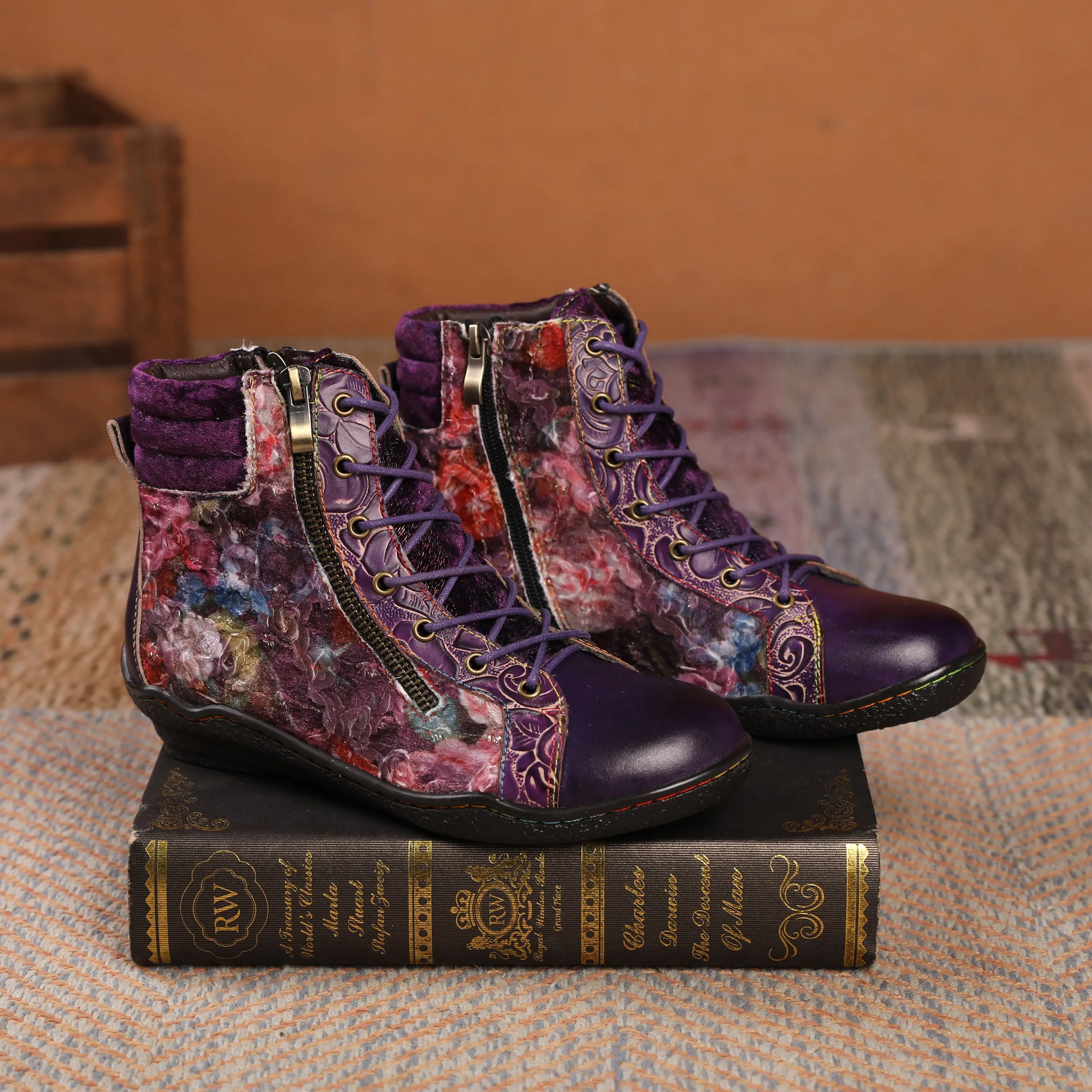 CrazycatZ Womens  Boots Sport Leather Western Boots Colorful Leather Boots Red Wine Floral