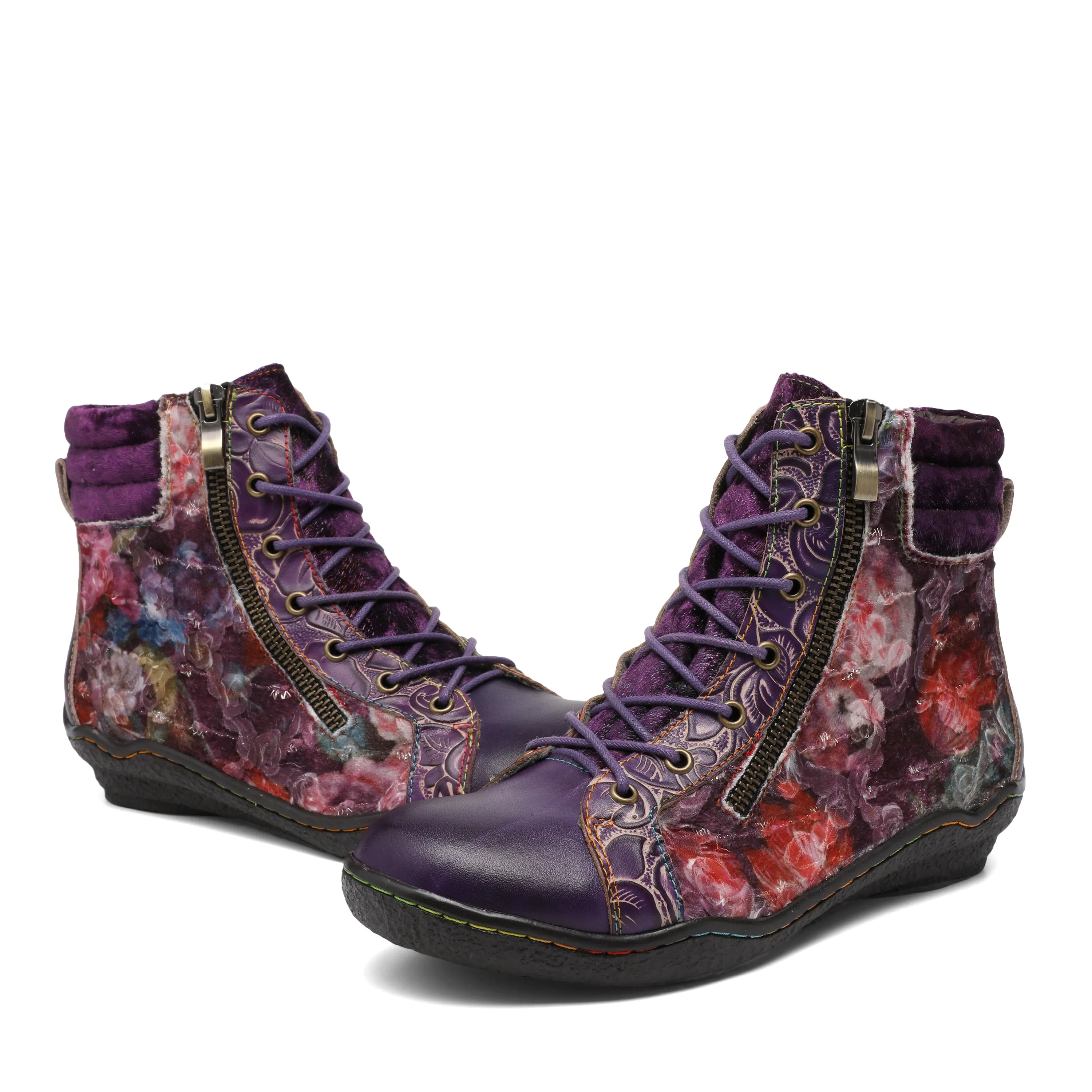 CrazycatZ Womens  Boots Sport Leather Western Boots Colorful Leather Boots Red Wine Floral