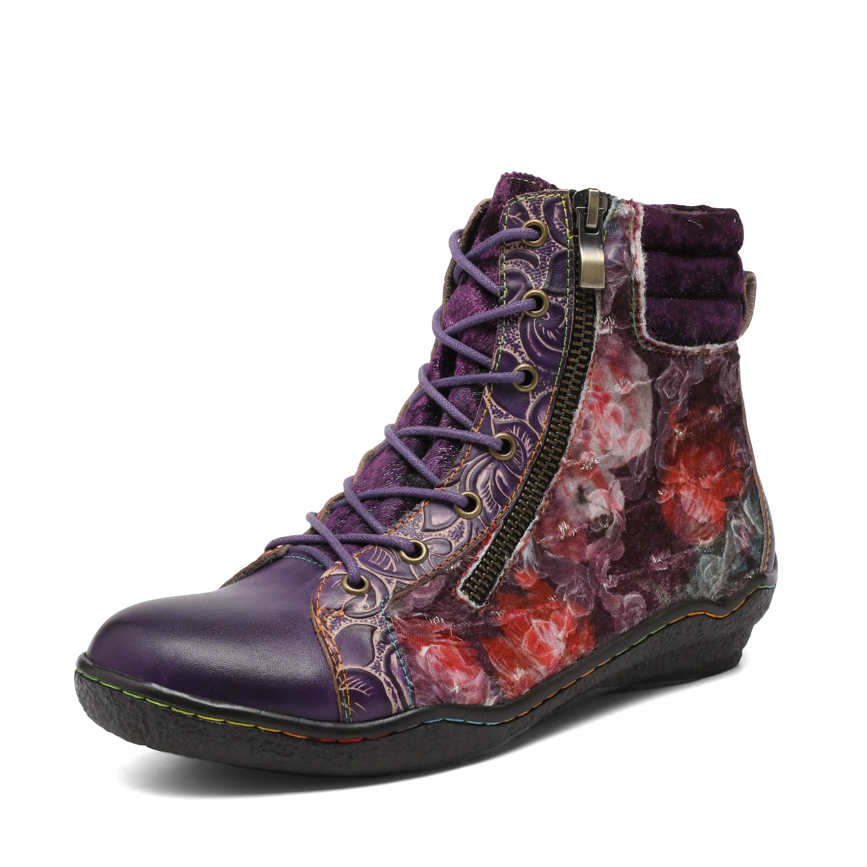 CrazycatZ Womens  Boots Sport Leather Western Boots Colorful Leather Boots Red Wine Floral