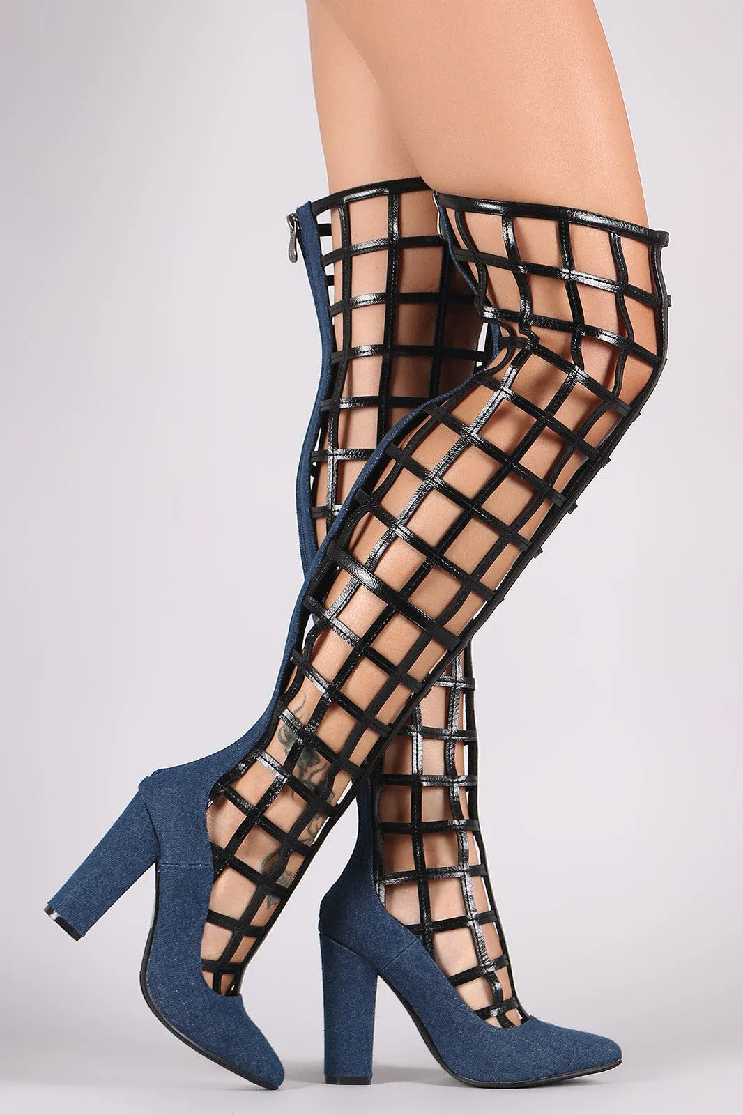 Denim Caged Chunky Heeled Over-The-Knee Boots