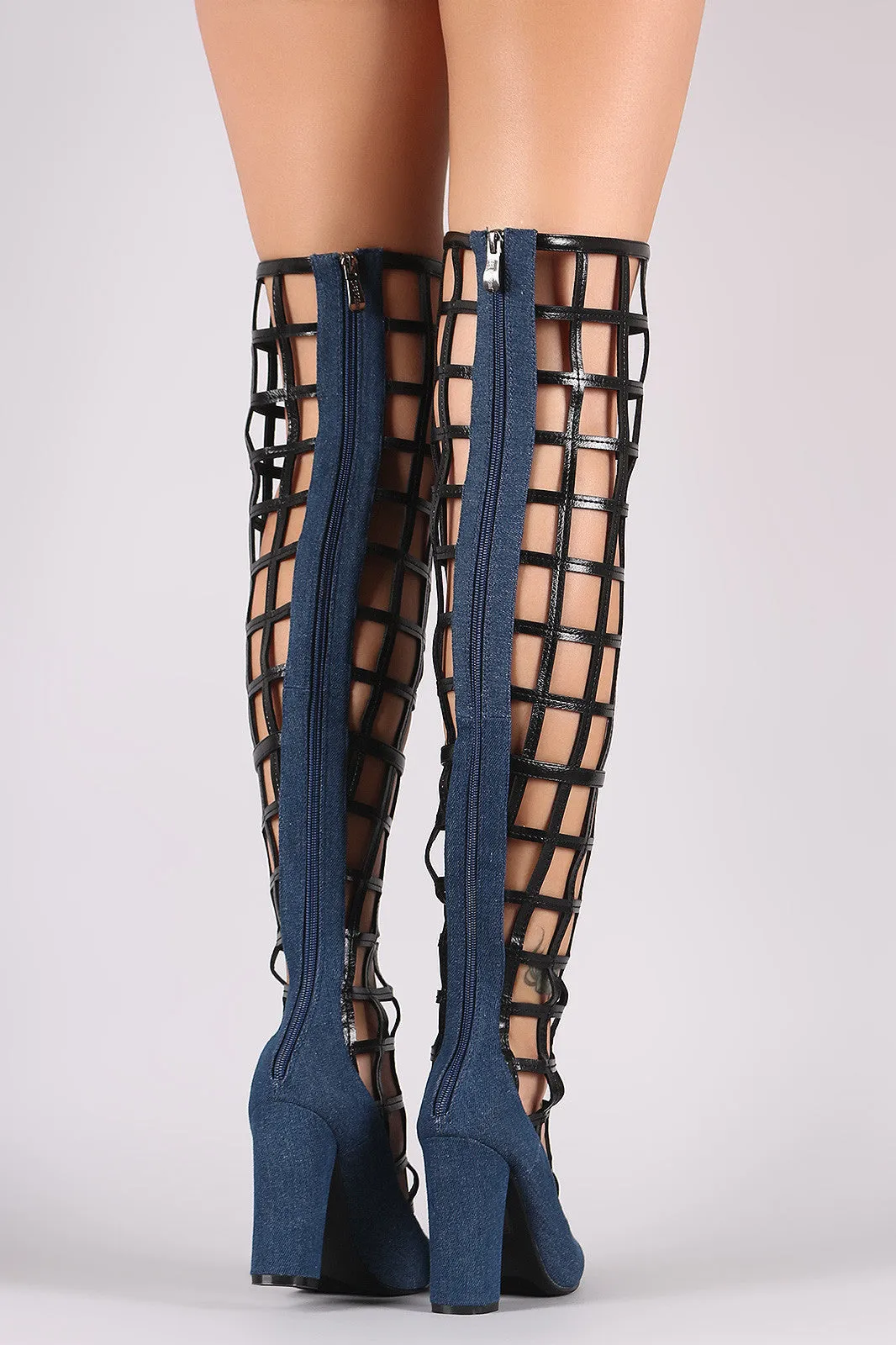 Denim Caged Chunky Heeled Over-The-Knee Boots