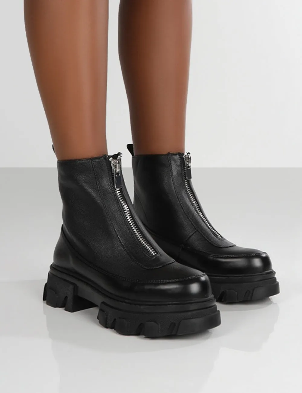 Direction Black Pu Zip Front Platform Chunky Sole Ankle Boot