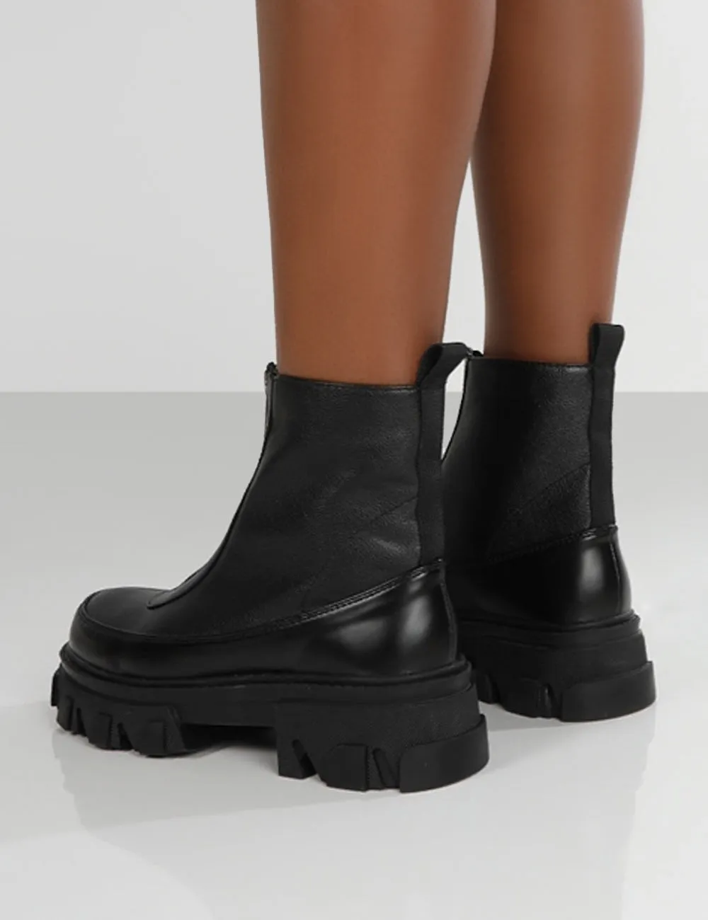 Direction Black Pu Zip Front Platform Chunky Sole Ankle Boot