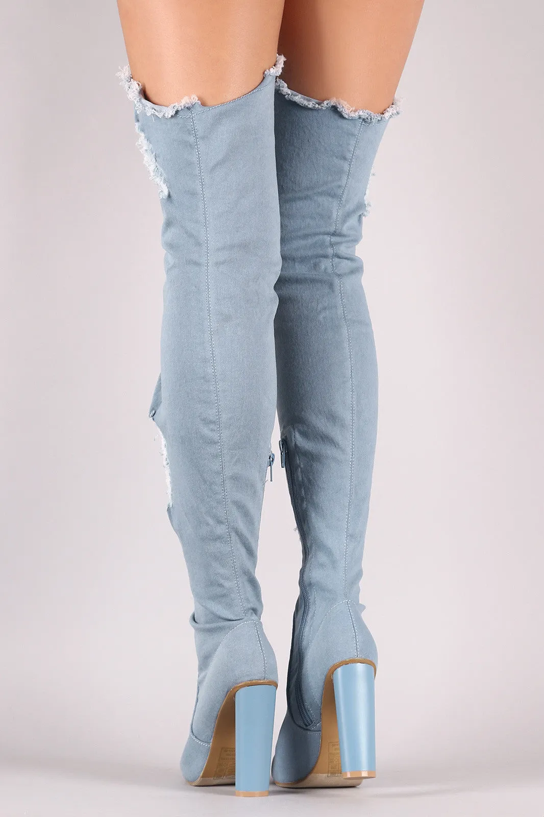 Distressed Denim Pointy Toe Chunky Heeled Over-The-Knee Boots