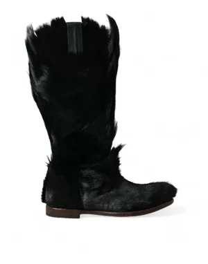 Dolce & Gabbana Black Gazelle Fur Mid Calf Winter Boots Shoes