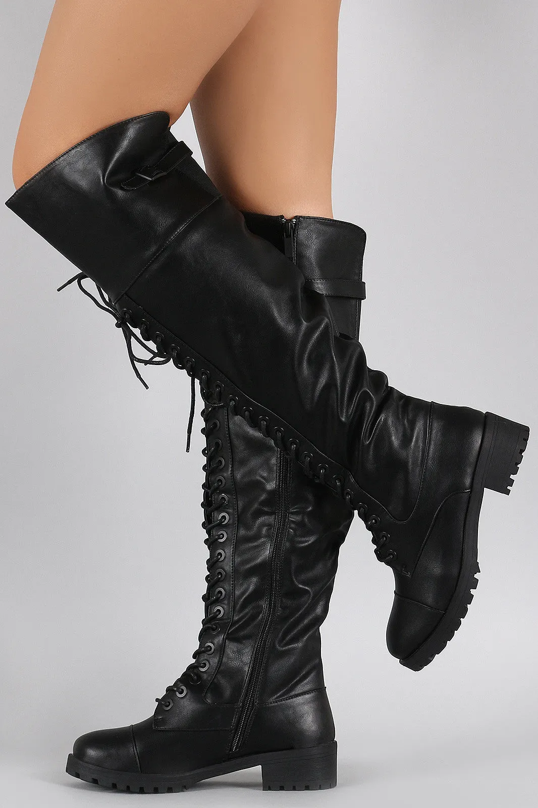 Dollhouse Round Toe Lace Up Combat Over-The-Knee Boots