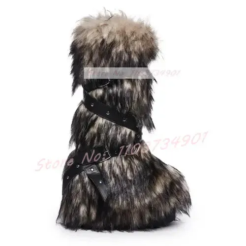 Furry Belt Buckle Rivets Chic Boots Women Trending Punk Round Toe