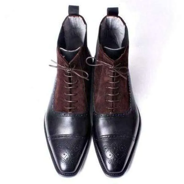 Handmade Brown Cap Toe Brogue Lace Up Leather Suede Boot