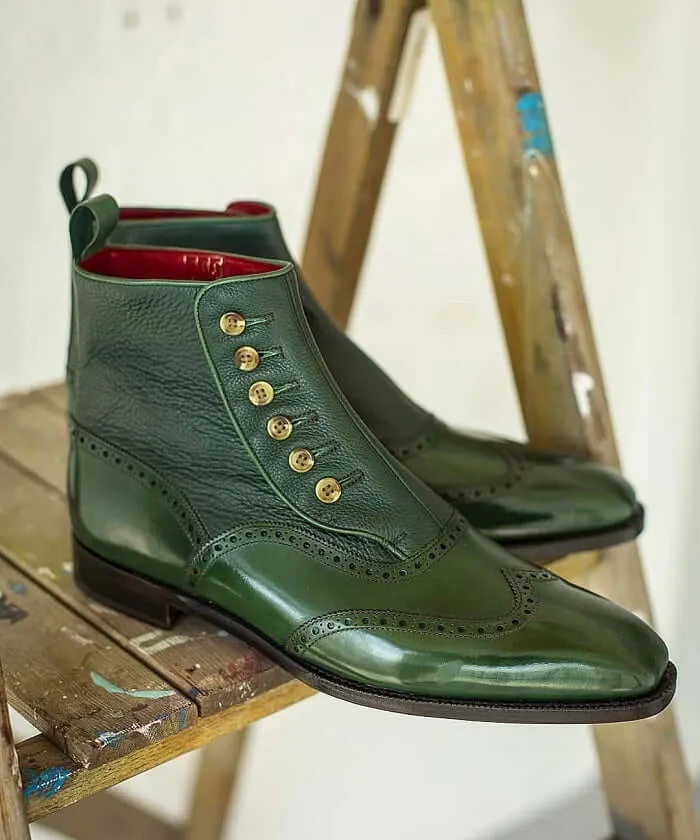 Handmade Men 2 Tone Green Leather Boot, Men Ankle High Button Formal Boot