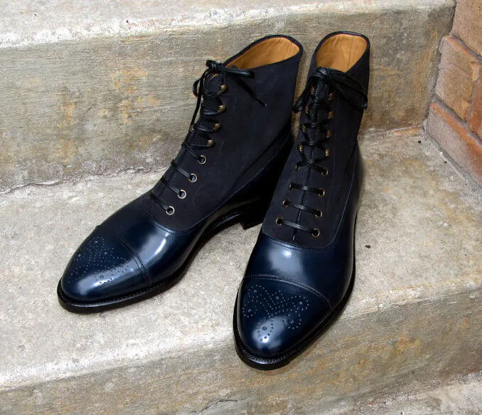 Handmade Navy Blue Black Ankle Boots Leather Boots For Men's