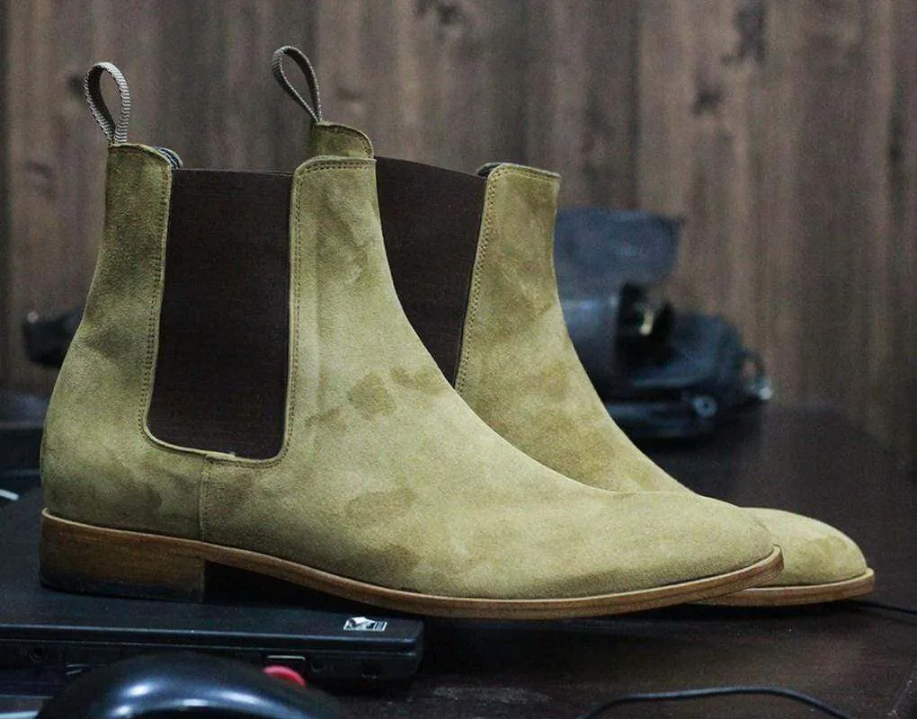 Handmade Olive Green Chelsea Suede Boot