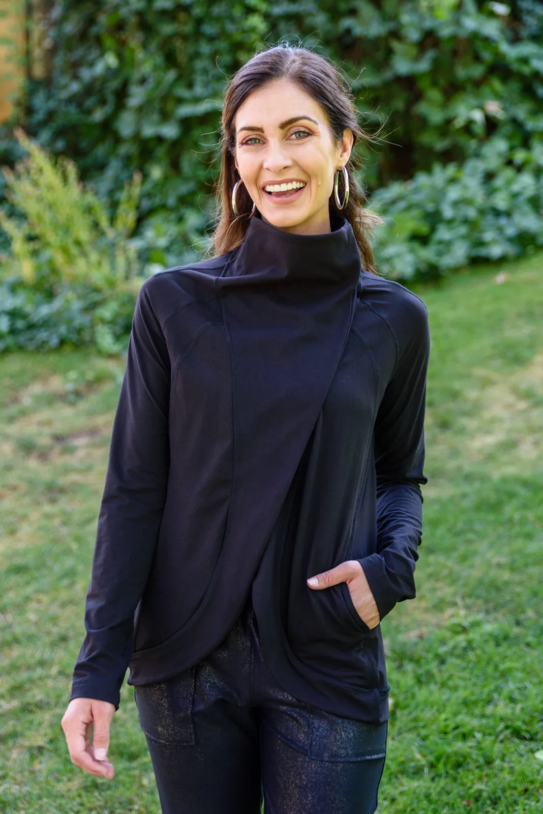 Janie Asymmetric Cowl Neck Jacket In Black