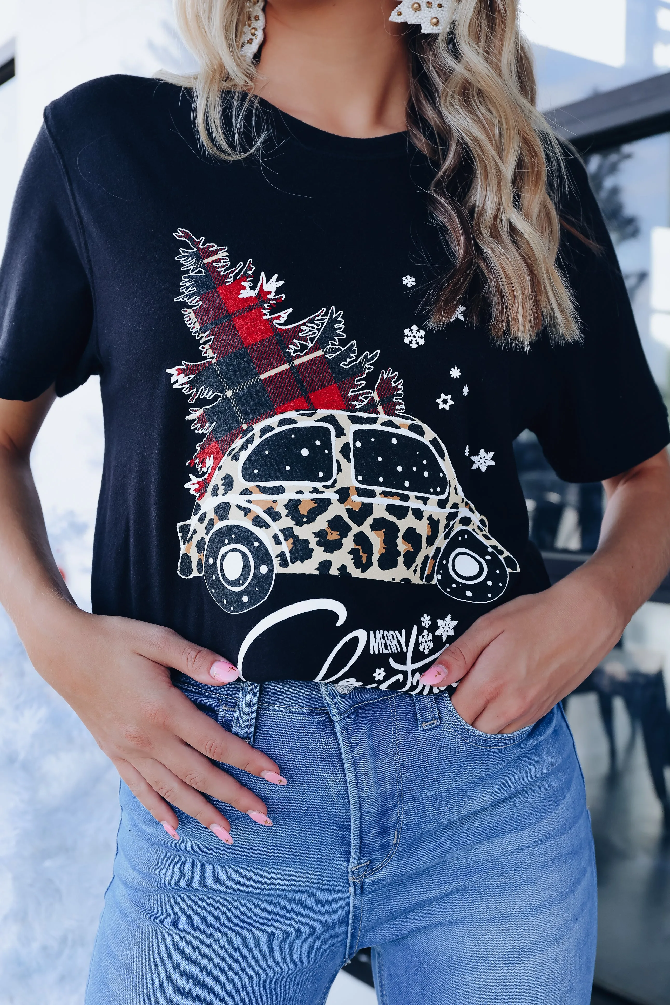 Leopard Luv Bug Christmas Graphic Tee - Black