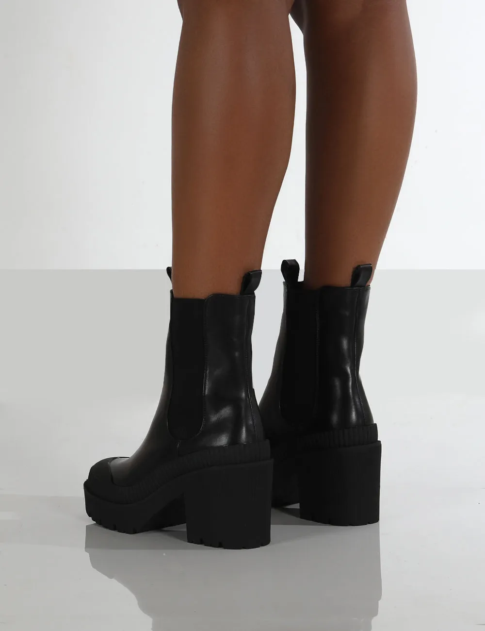 Liah Black PU Chunky Sole Heeled Ankle Boots