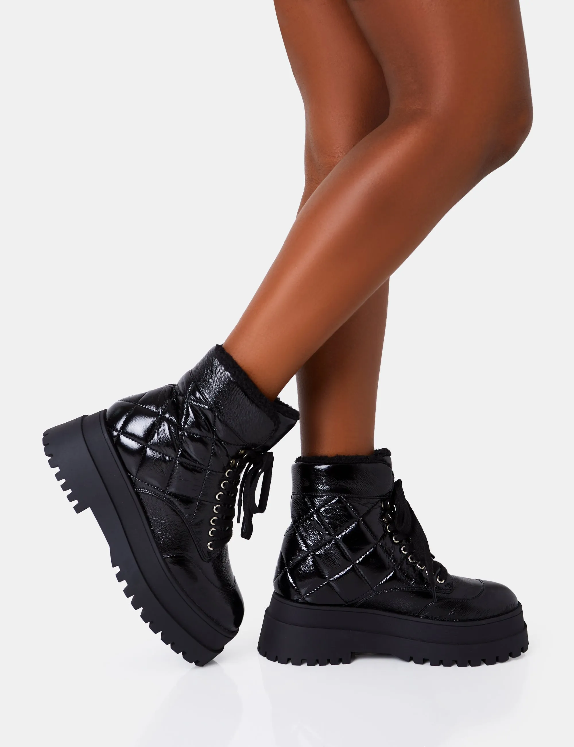 Magda Black Patent Quilted Chunky Sole Rounded Toe Ankle Boots