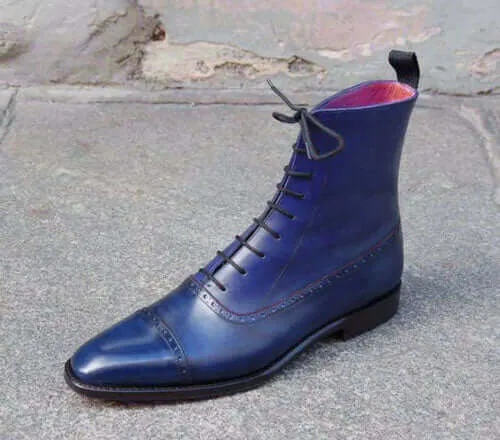 Men's Ankle High Blue Cap Toe Lace Up Leather Boots