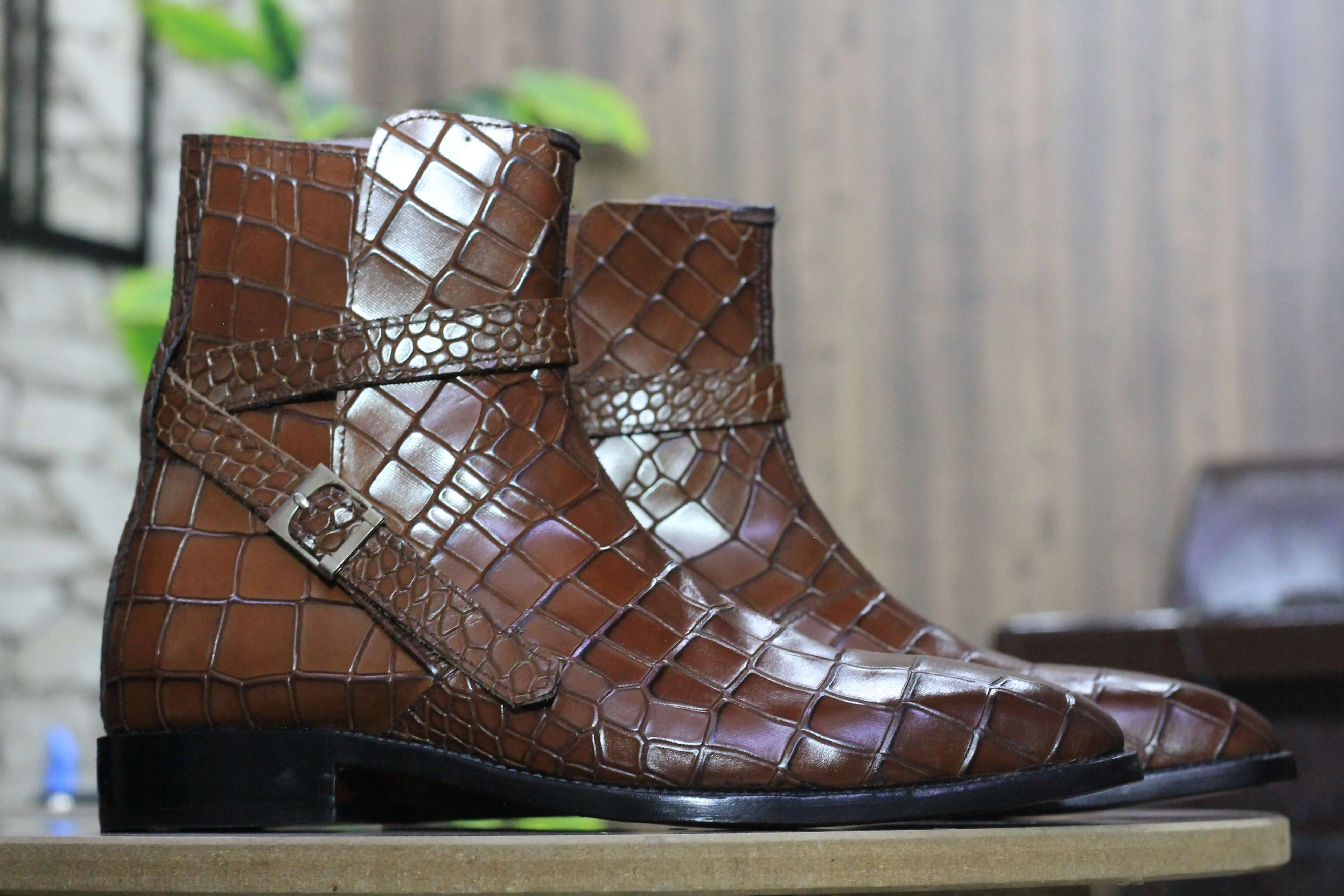 Men's Brown Alligator Jodhpurs Boot, Handmade Ankle High New Classic Boots