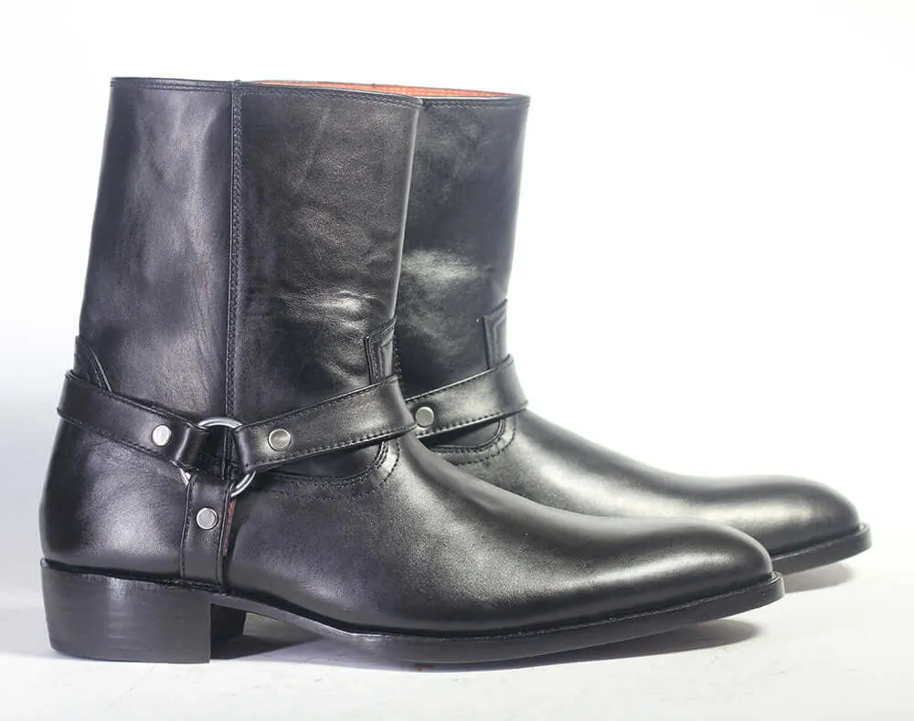 Men's Handmade Ankle High Black Madrid Straps Leather Boot3