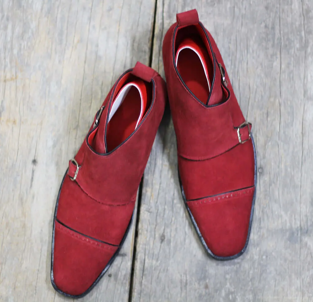 Men's Handmade Maroon Cap Toe Double Monk Strap Suede Shoes