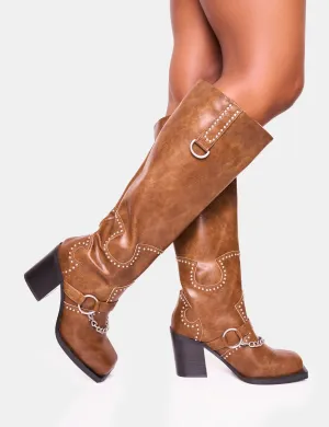 Nashville Vintage Brown Western Studded Block Heel Knee High Boot