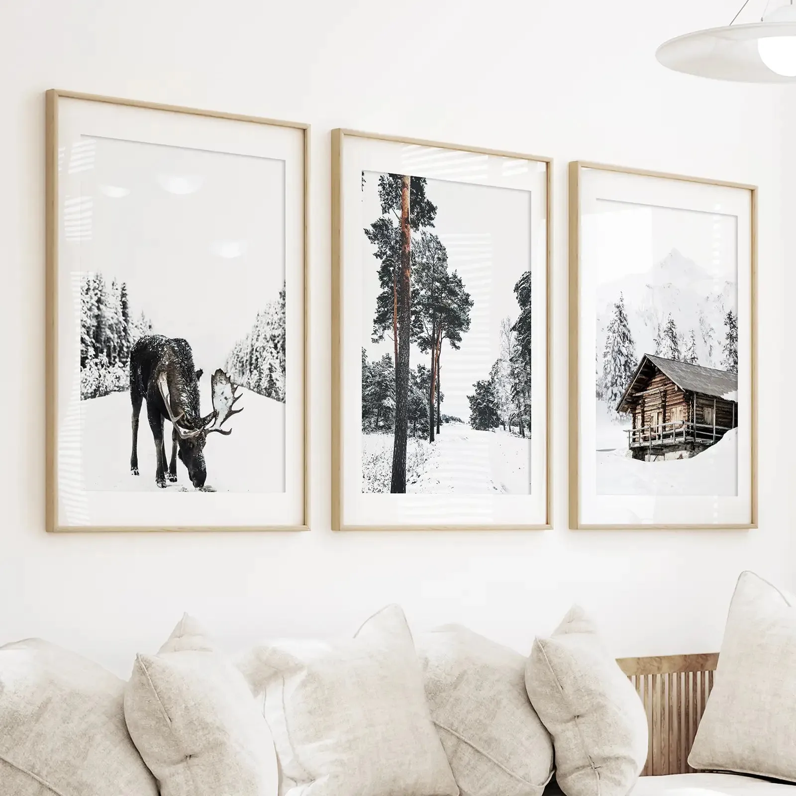 Nordic Winter 3 Piece Photo Set. Pine Forest, Moose, Log Cabin