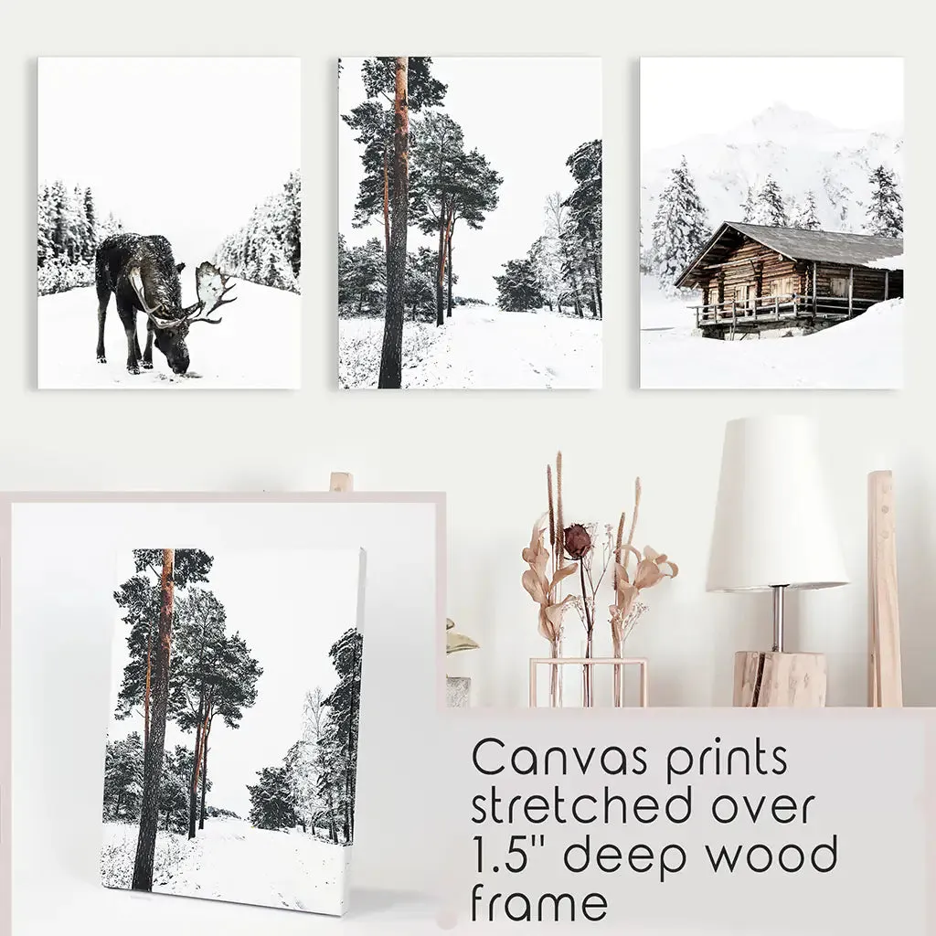 Nordic Winter 3 Piece Photo Set. Pine Forest, Moose, Log Cabin